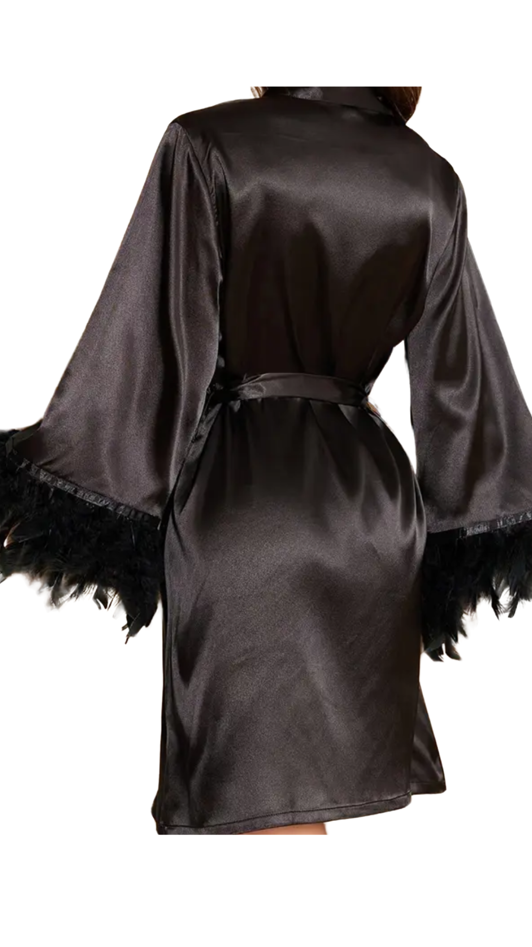 Feather Cuff Satin Robe | Black