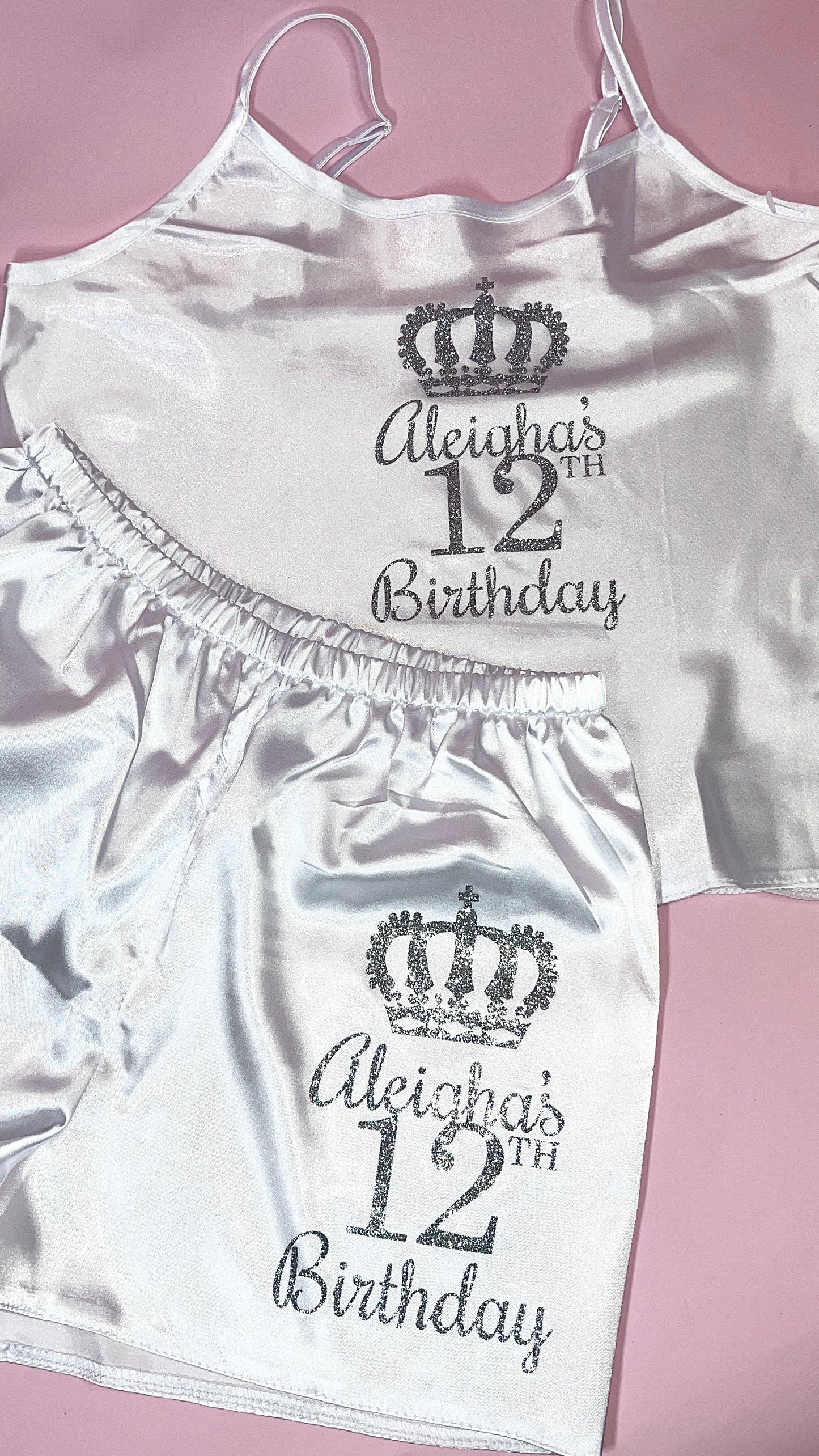 Kids Personalised Satin Cami Sets | White