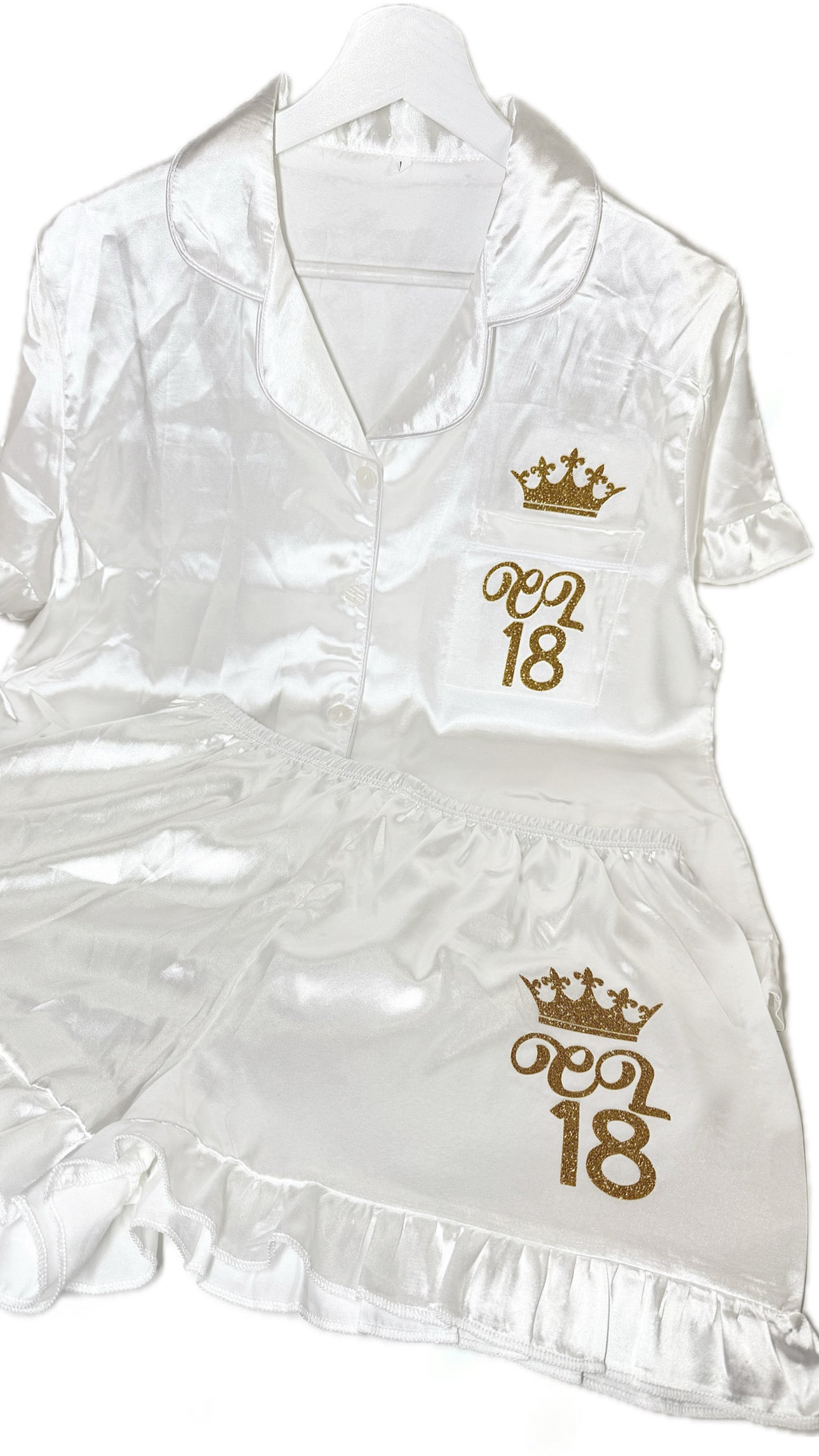 Ruffle Satin Shirt Set | White