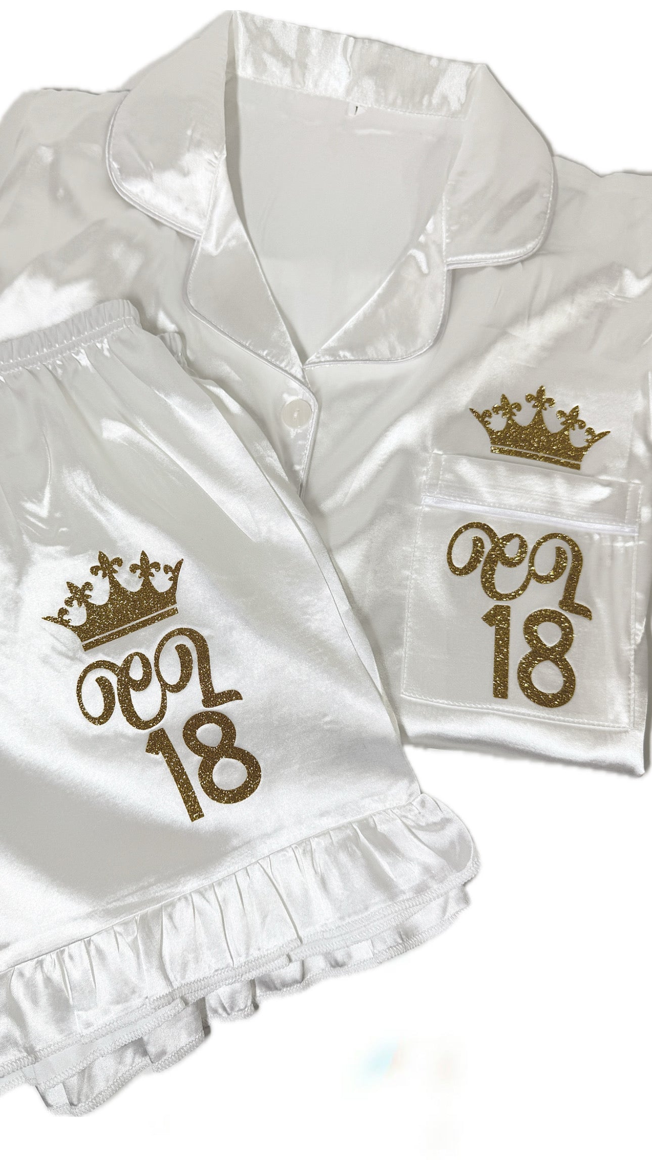 Ruffle Satin Shirt Set | White