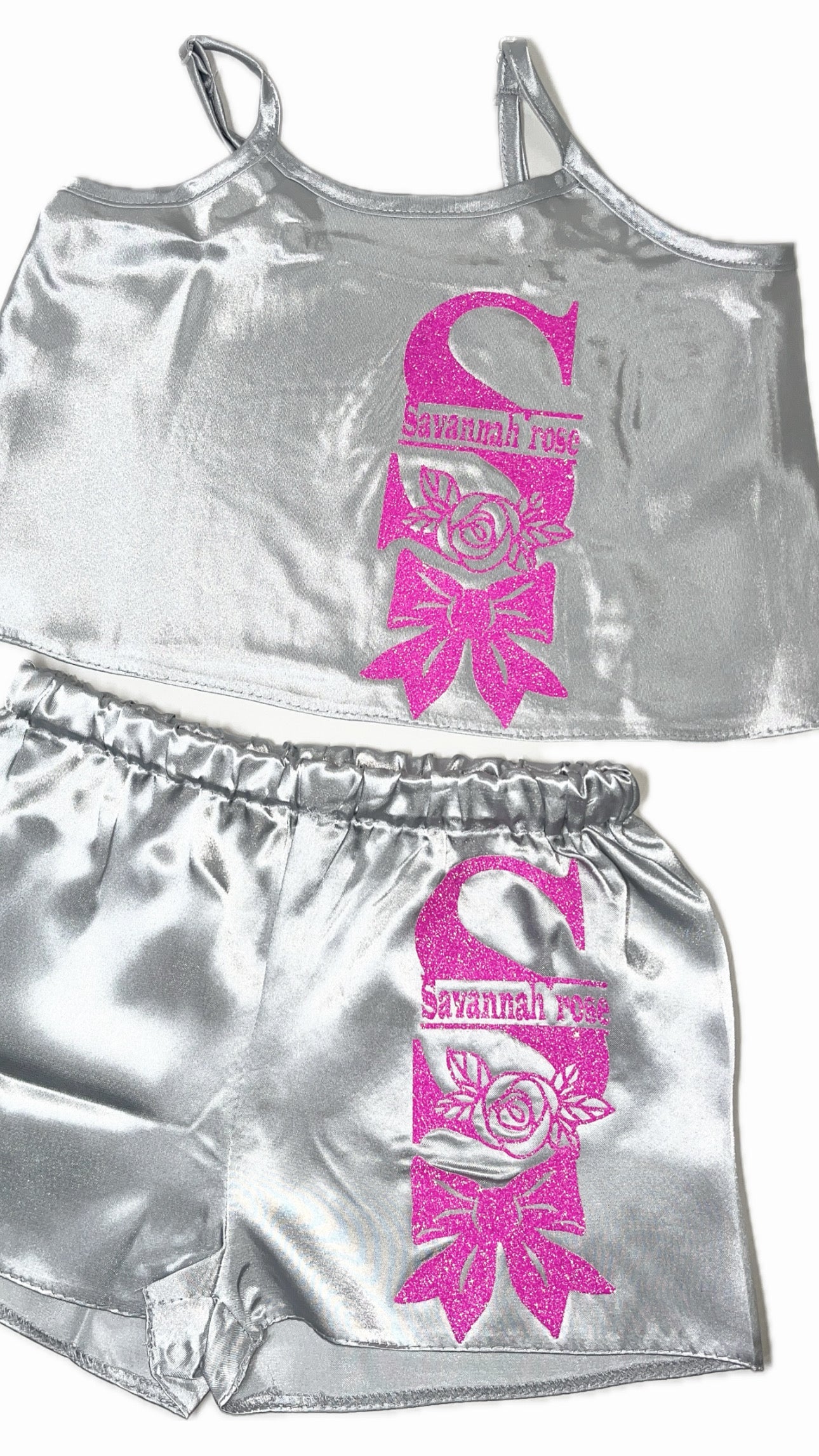 Kids Personalised Satin Cami Sets | Silver