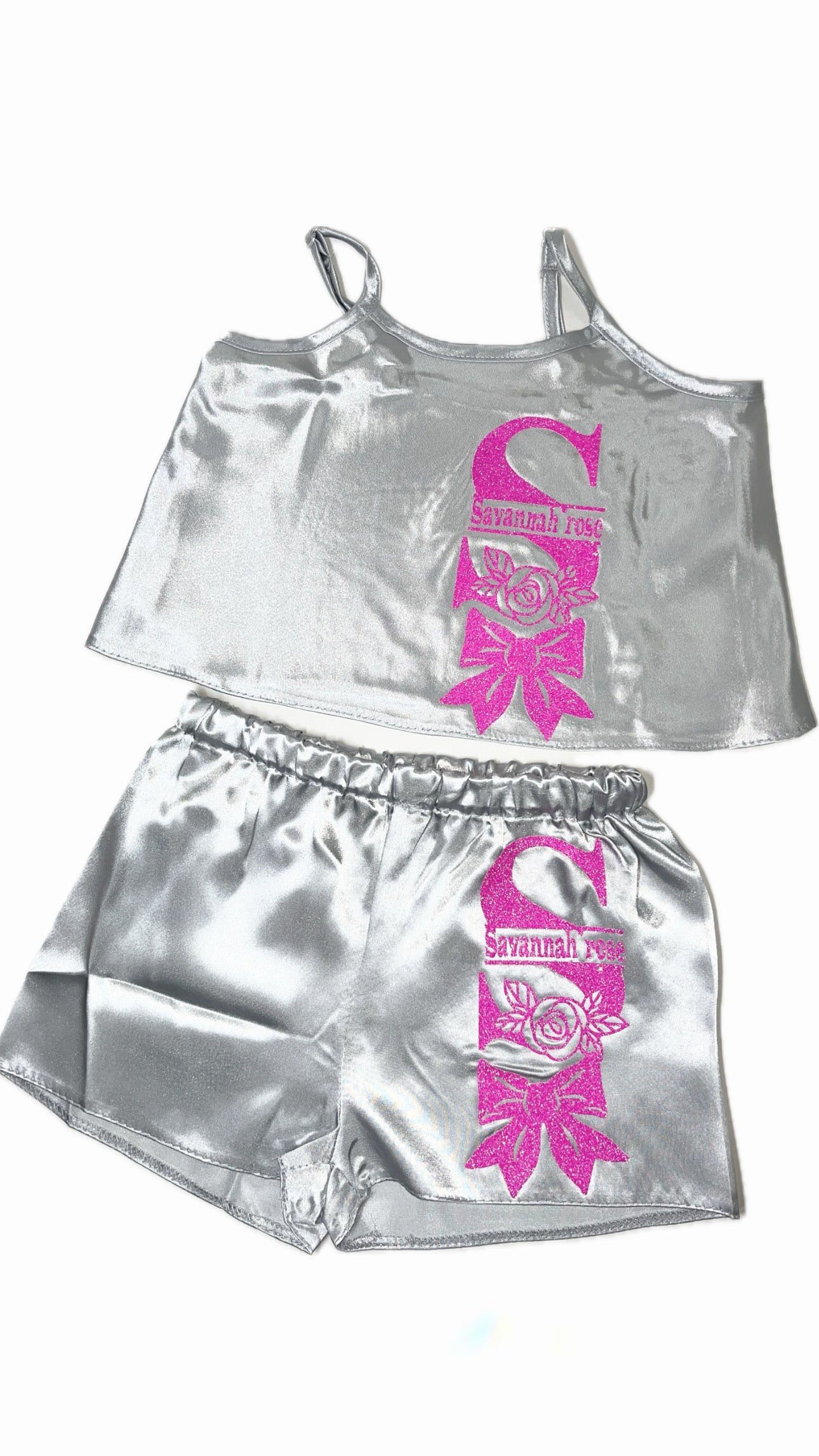 Kids Personalised Satin Cami Sets | Silver