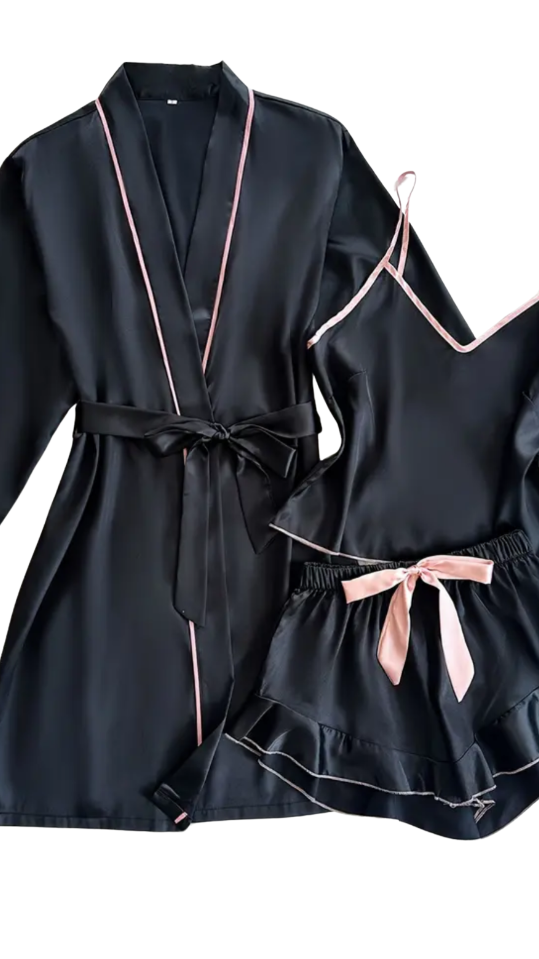 Bundle Deal | Satin Black Pink Piping Robe & Matching Cami set