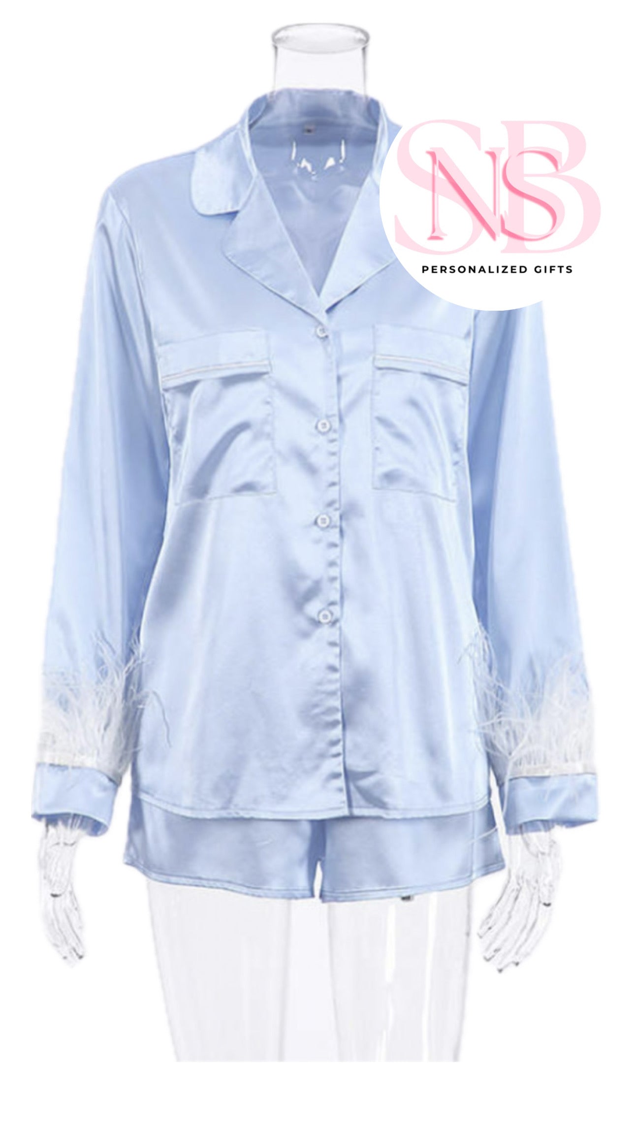 Satin Feather Cuff Pjs - Baby Blue