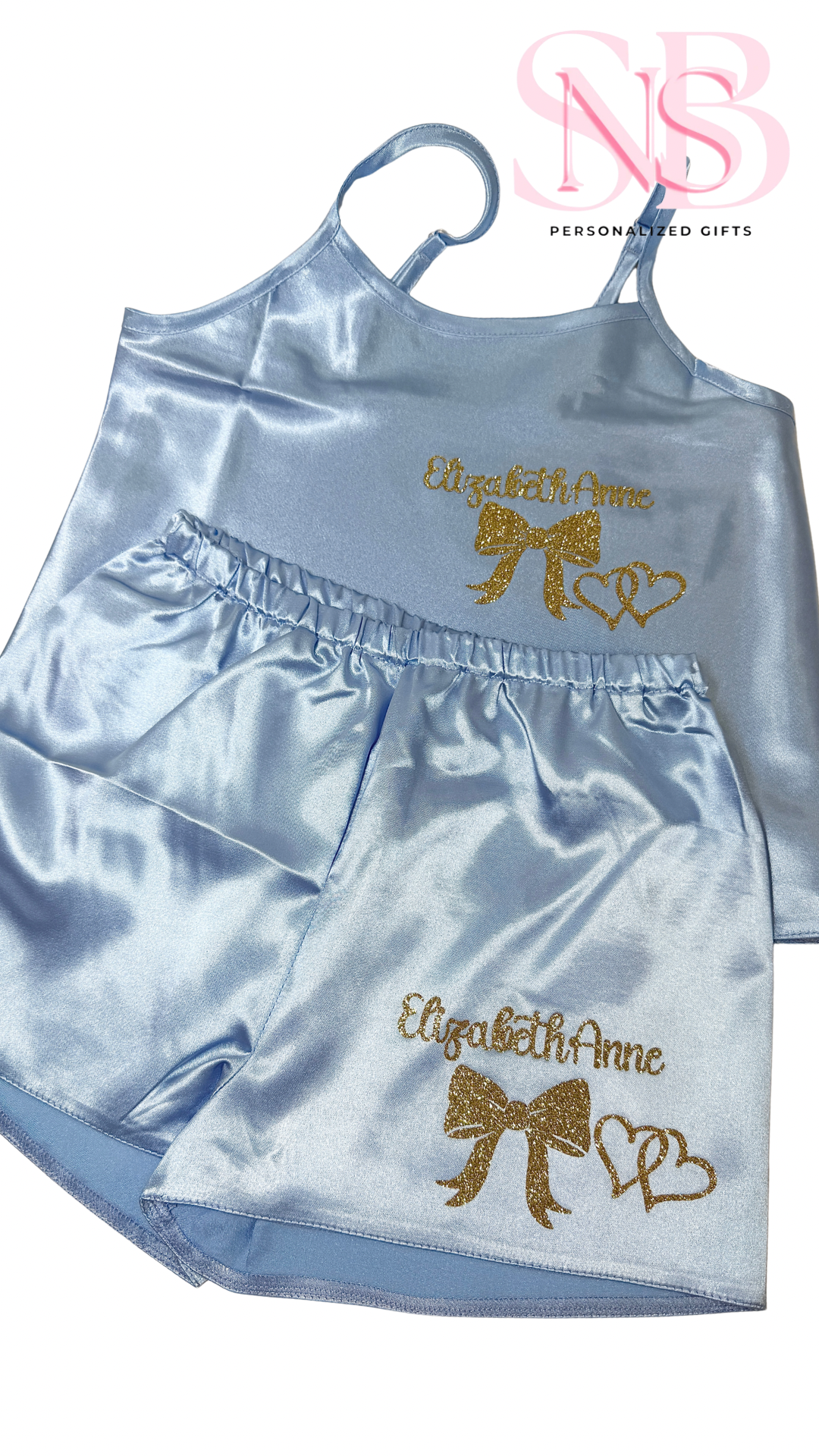 Kids Personalised Satin Cami Sets | Baby Blue