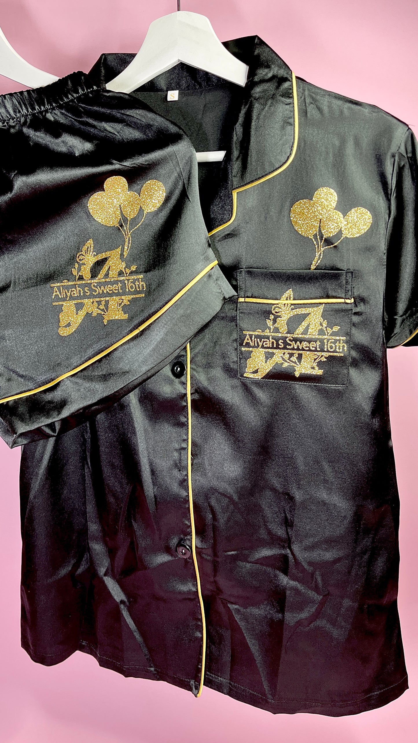 Satin Short Shirt Set | Black & Gold