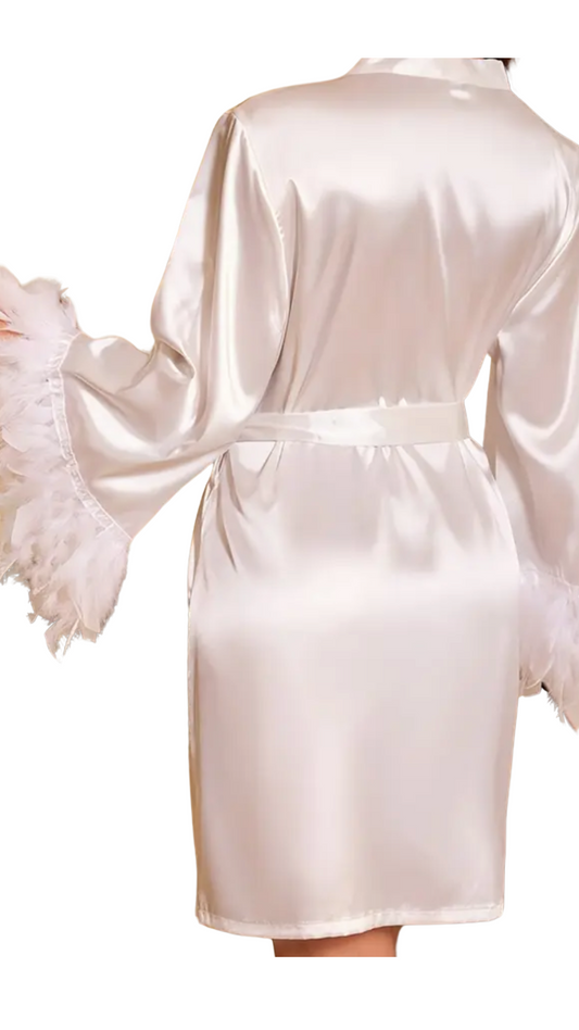 Feather Cuff Satin Robe | White