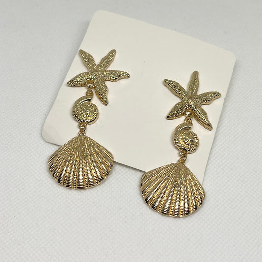 Gold Star Fish Clam Drop Earrings