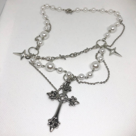 Cross Pearl Pendant Charm Layered Necklace