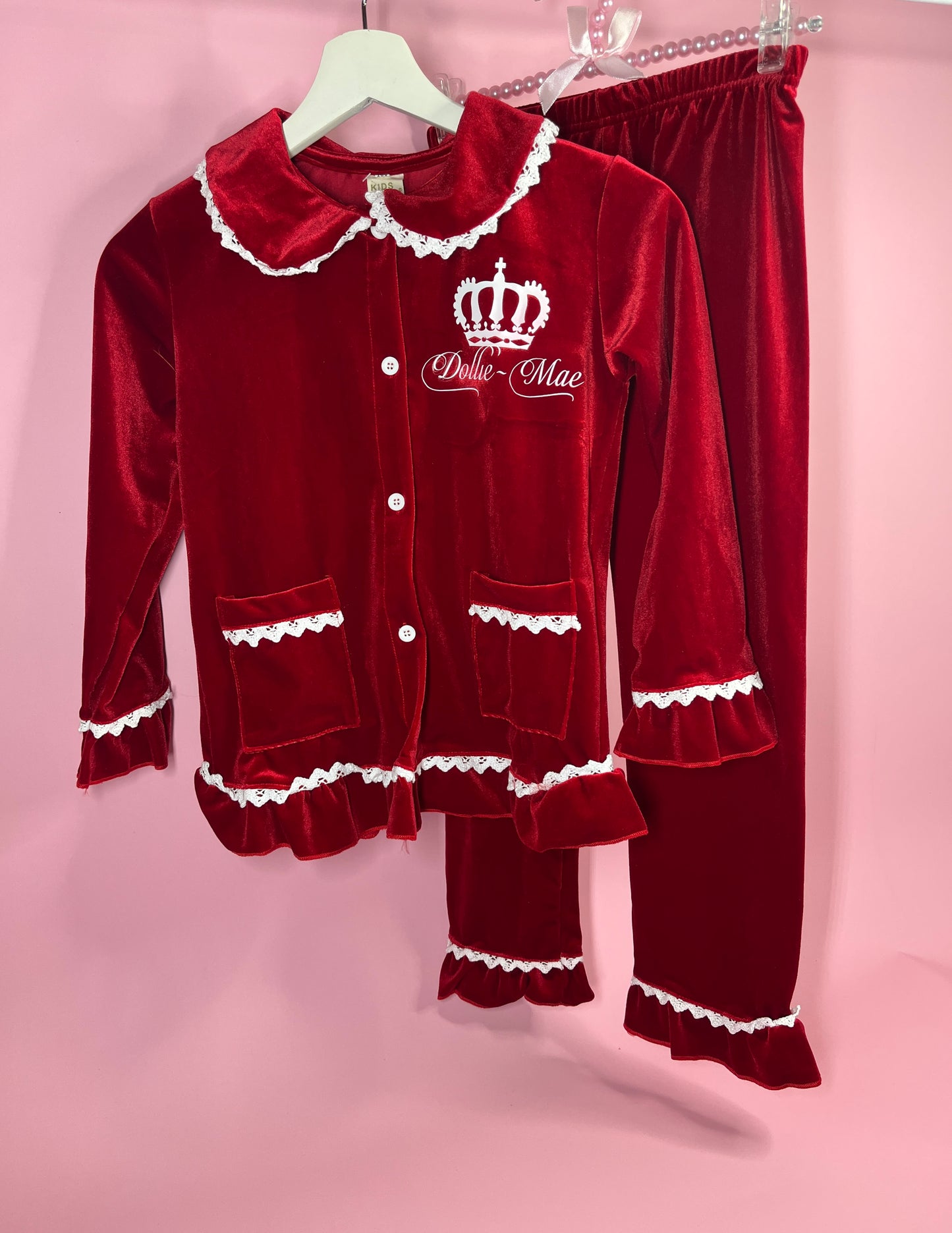 Personalised Velvet Red Ruffle Pjs