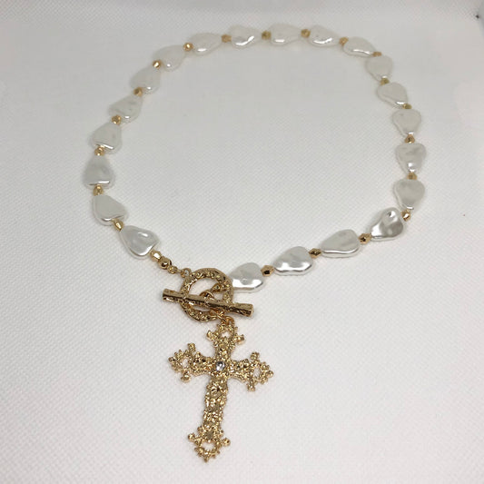 Pearl Gold Cross Pendant Necklace