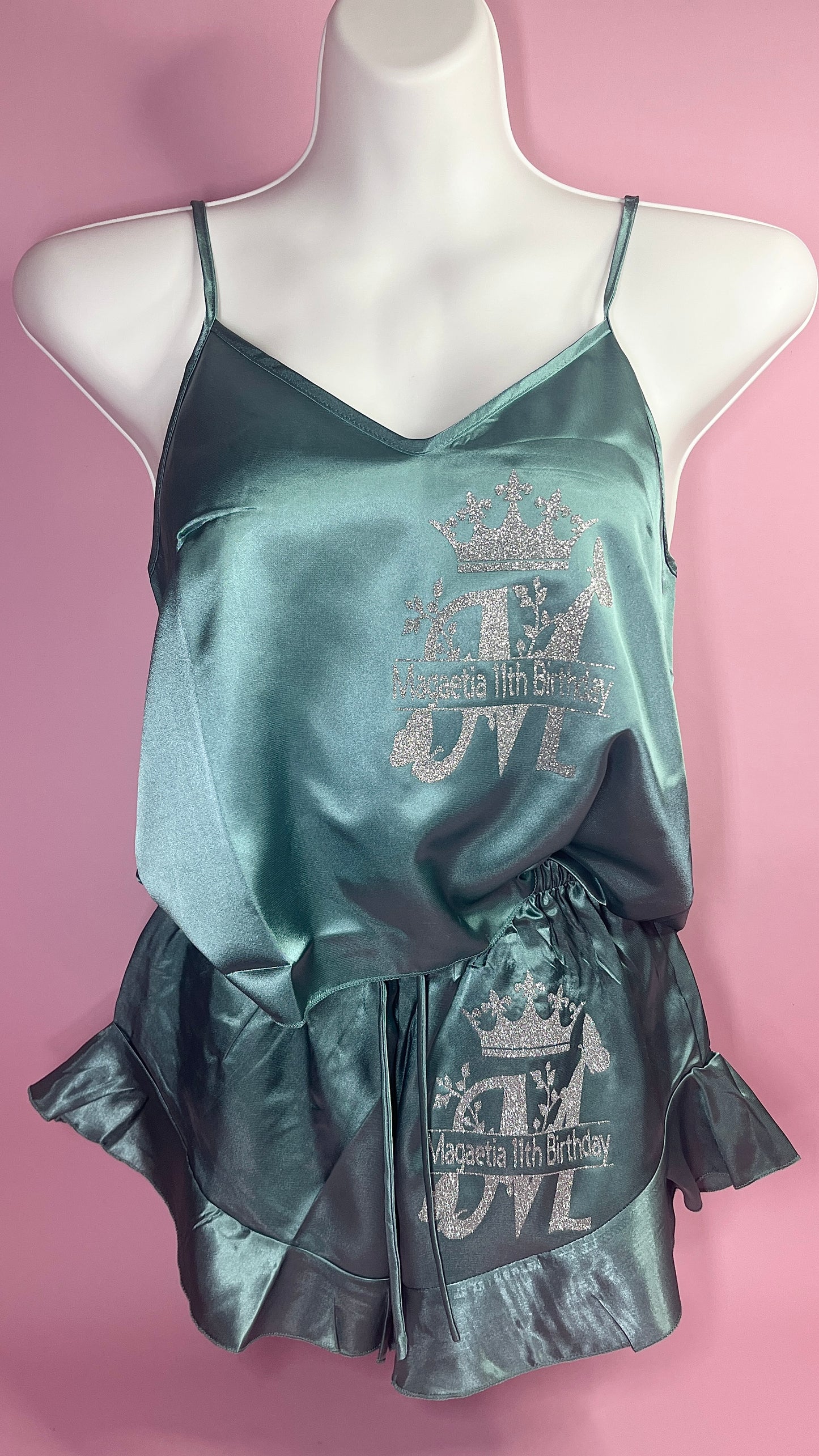 Ruffle Satin Pjs | Green Blue