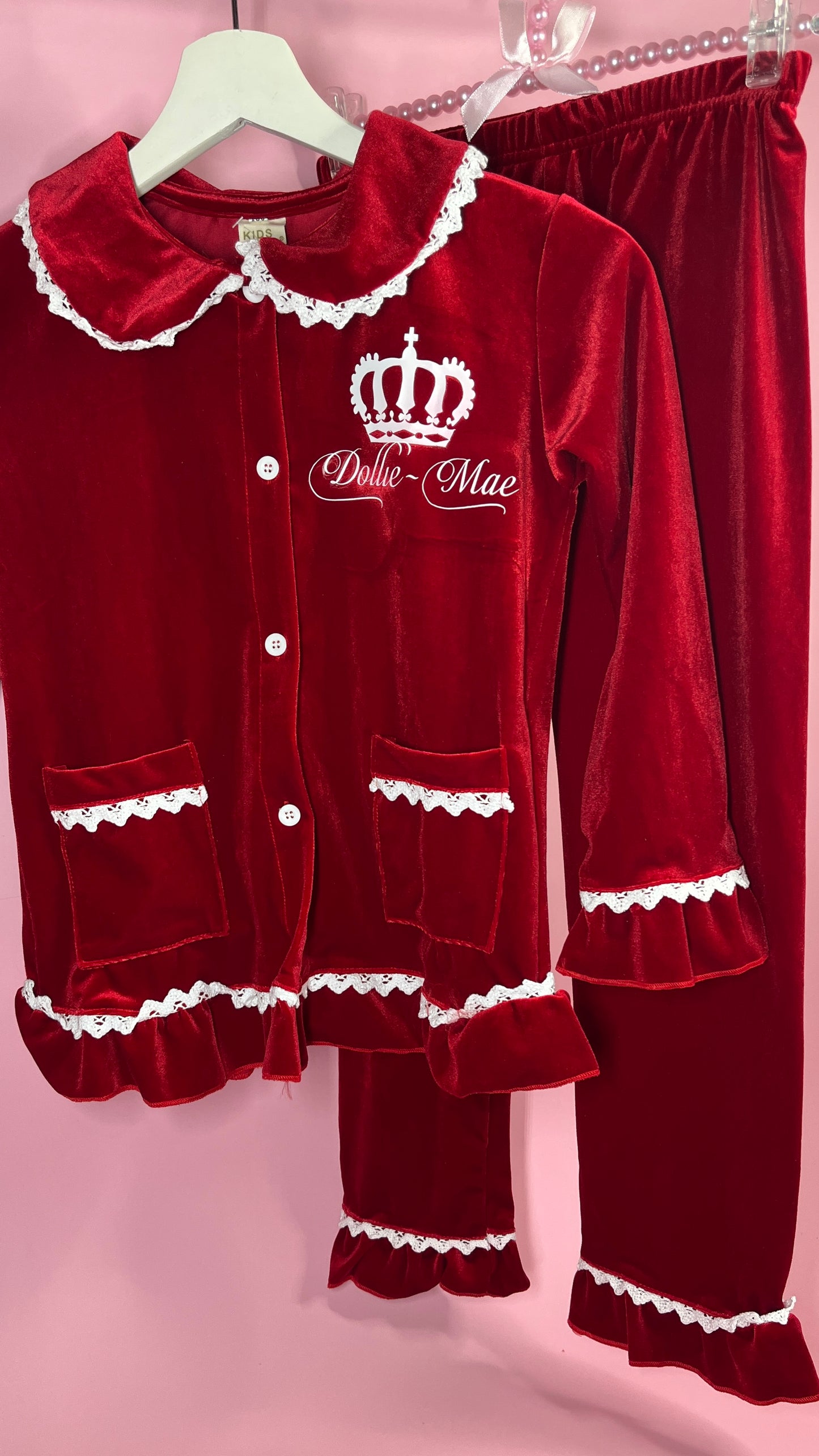 Personalised Velvet Red Ruffle Pjs