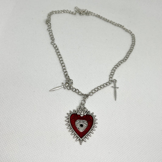 Silver / Red Heart Burst Pendant Necklace