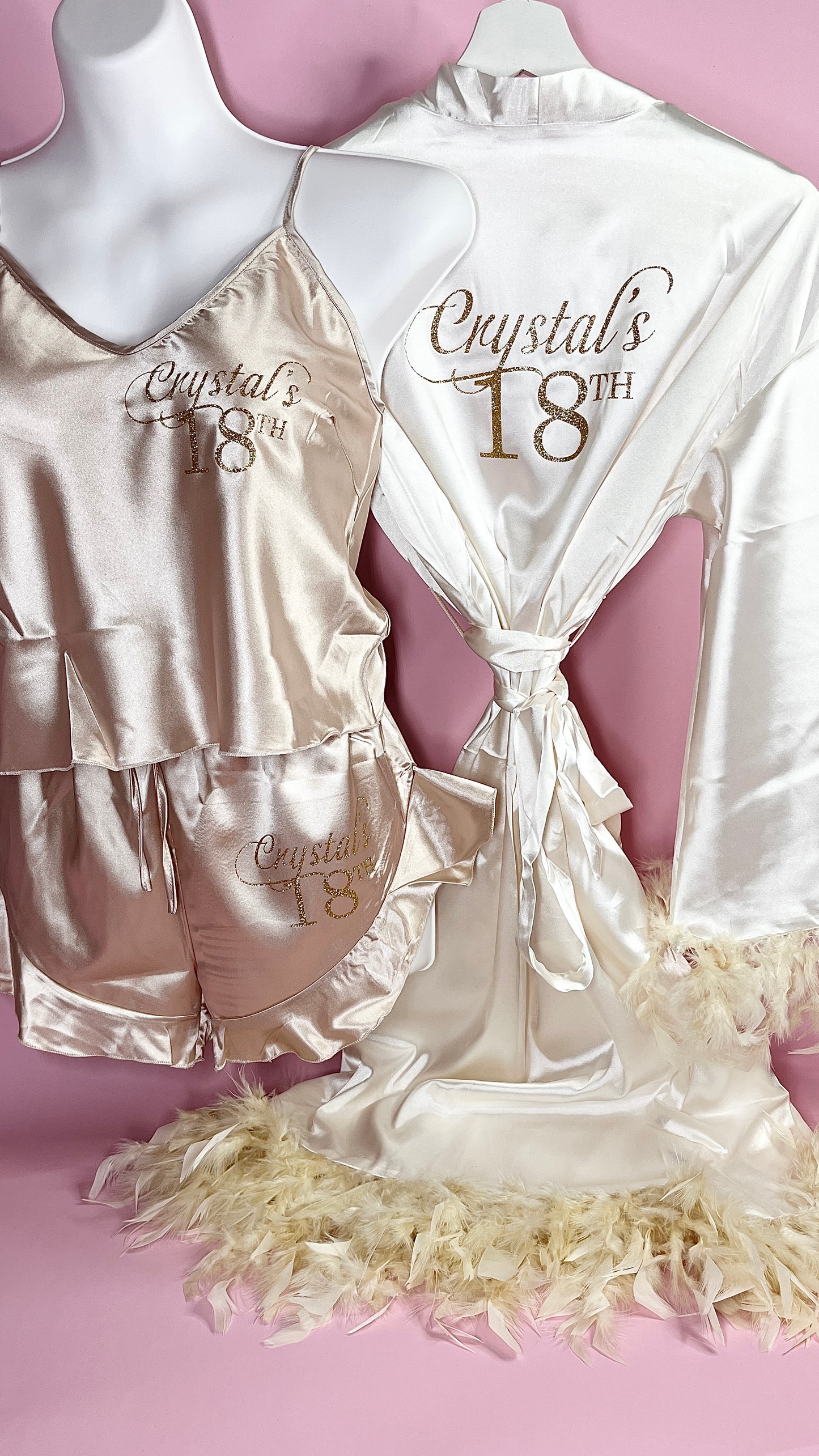 Feather Robe & Ruffle Cami Set Champagne