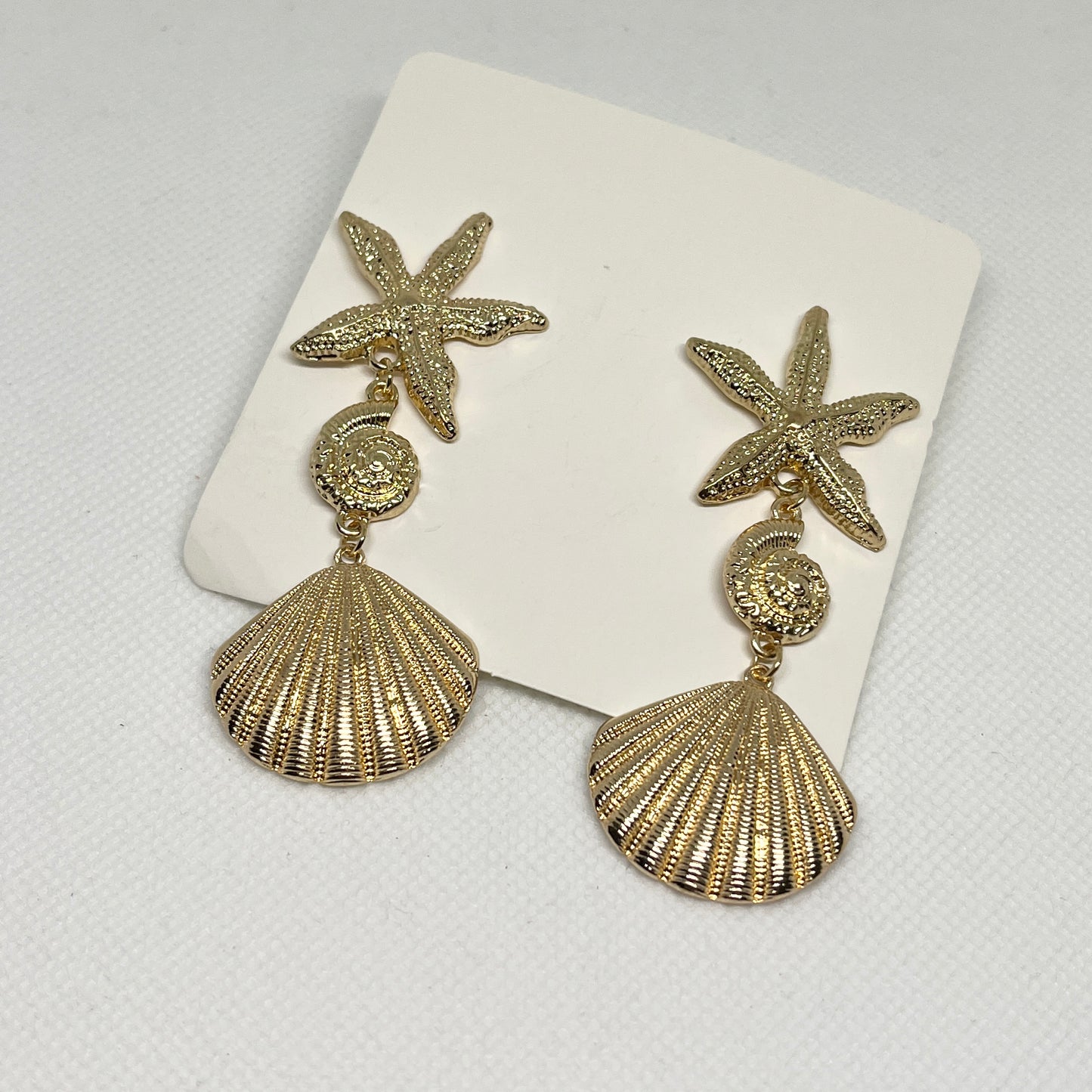 Gold Star Fish Clam Drop Earrings