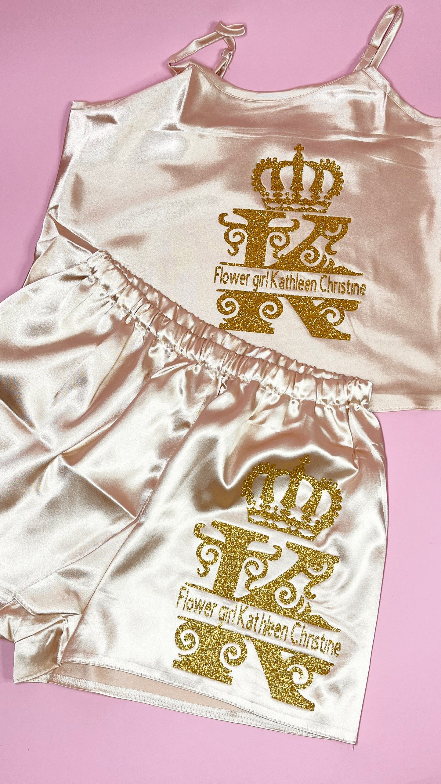 Kids Personalised Satin Cami Sets | Champagne