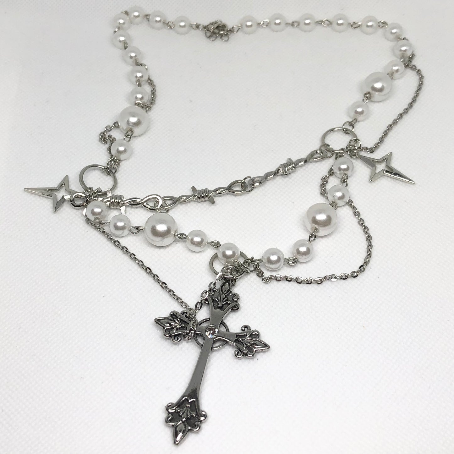 Cross Pearl Pendant Charm Layered Necklace