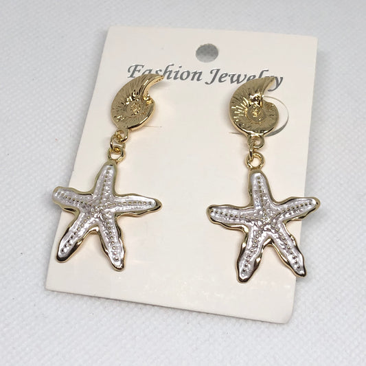 Gold & White Starfish Earrings