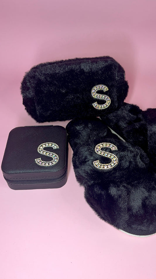 Initial Make Up Bag Jewelry Box & Slippers Box Set