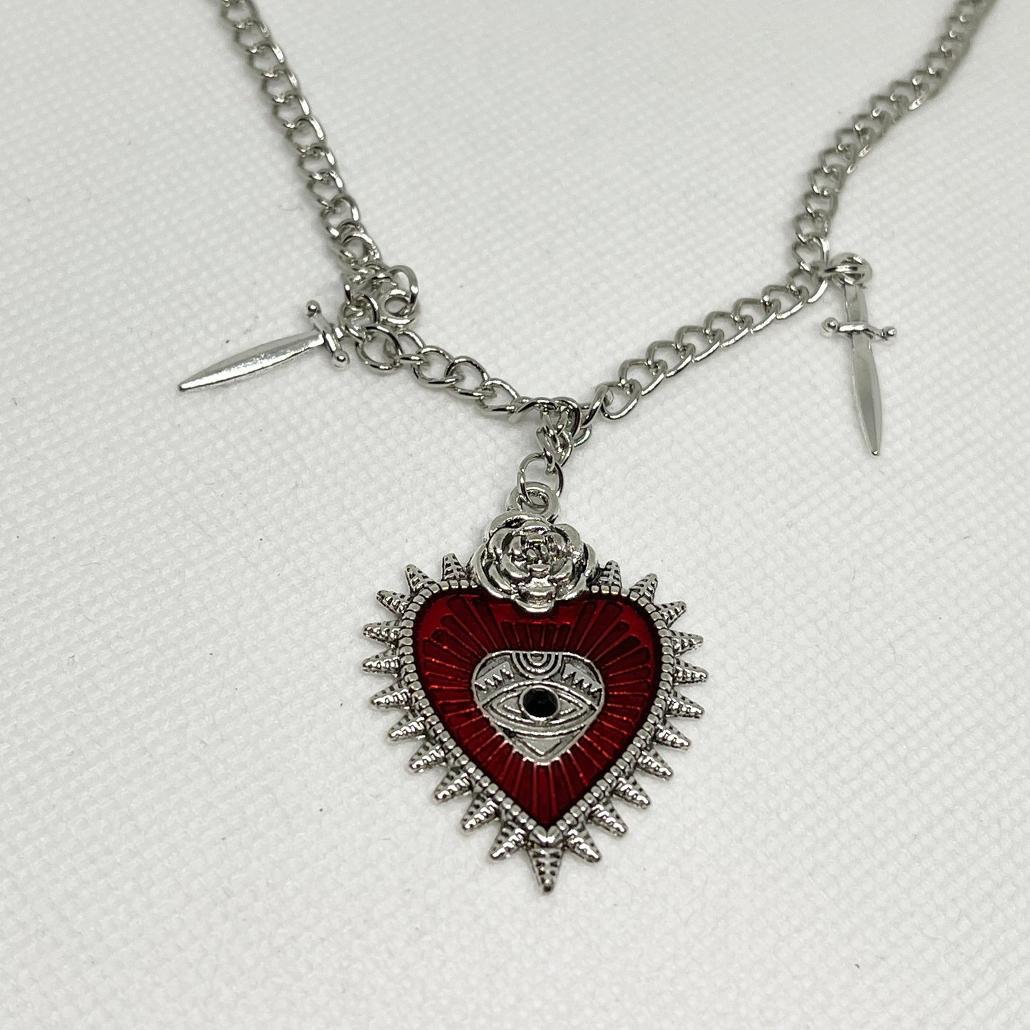 Silver / Red Heart Burst Pendant Necklace