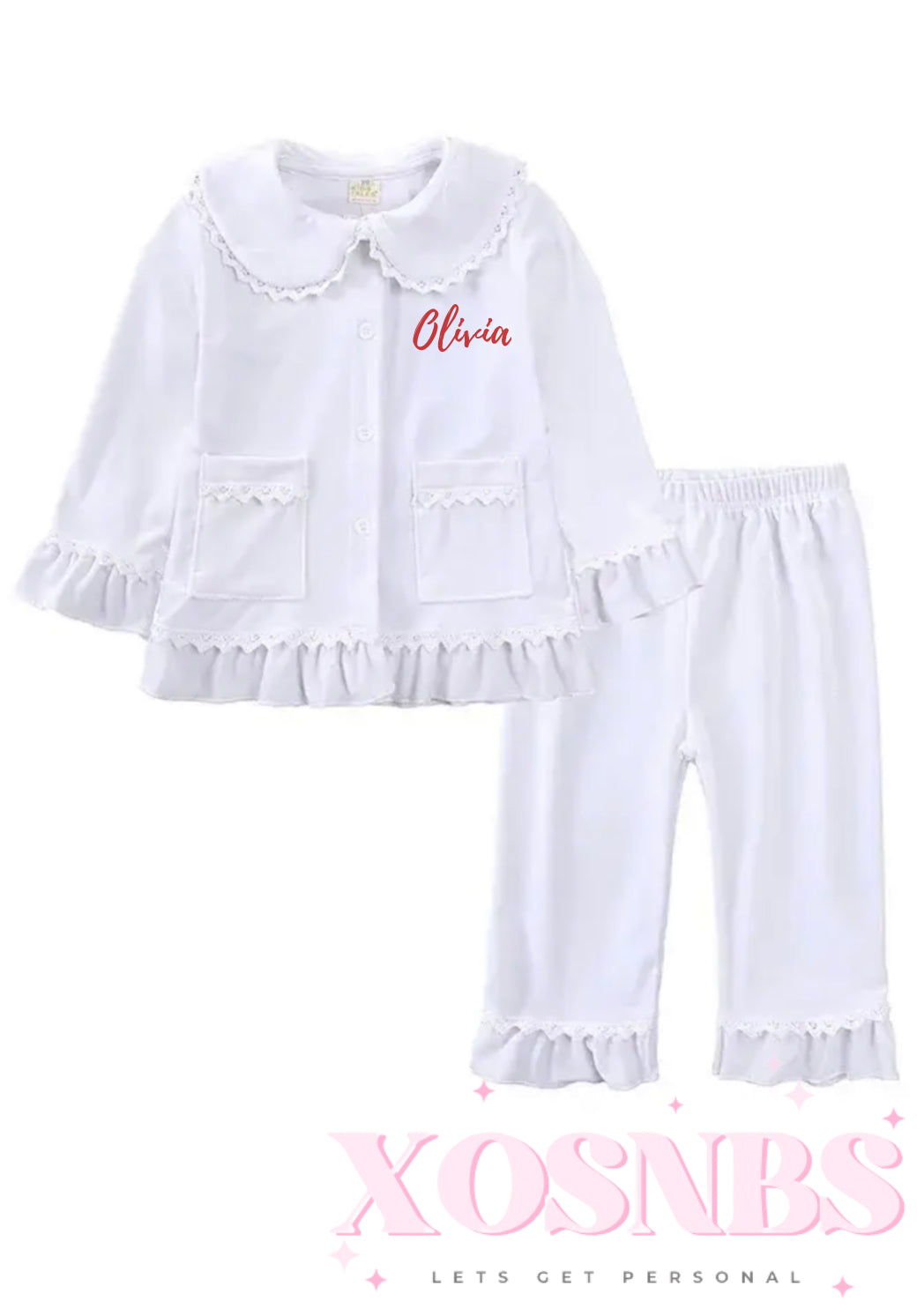 Personalised Velvet White Ruffle Pjs