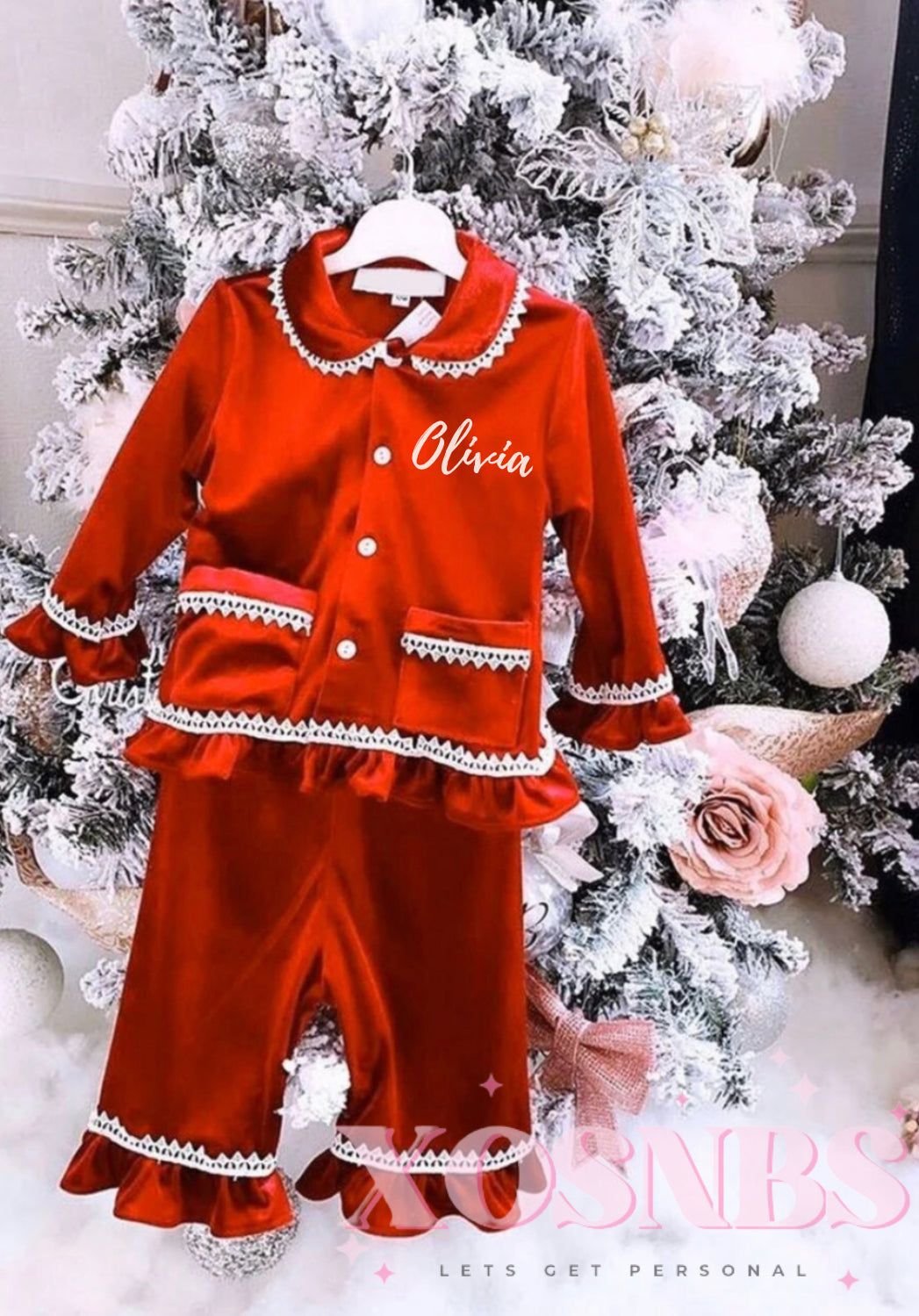 Personalised Velvet Red Ruffle Pjs