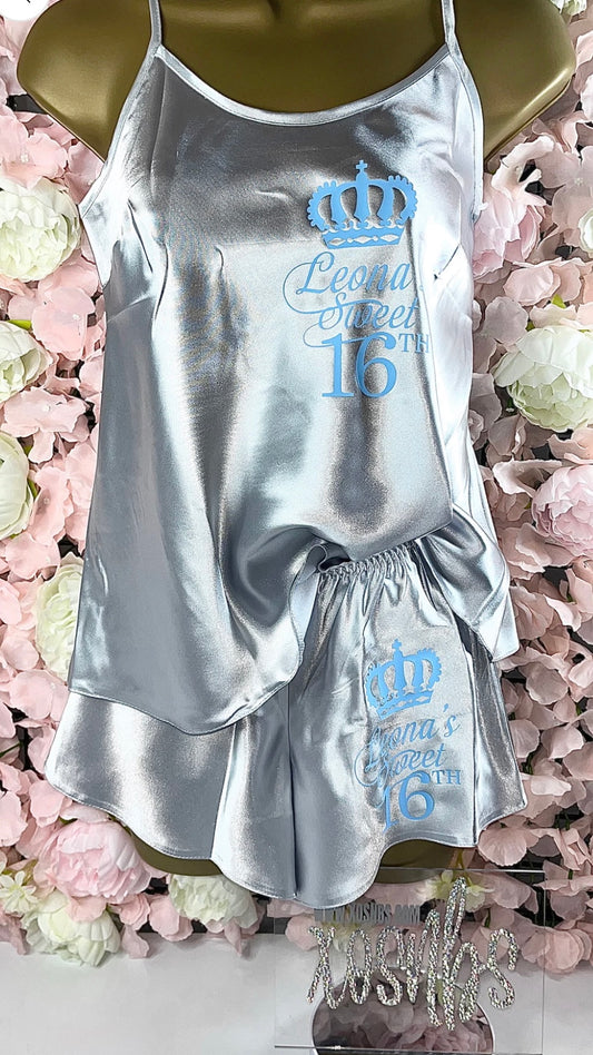 Kids Personalised Satin Cami Sets | Silver