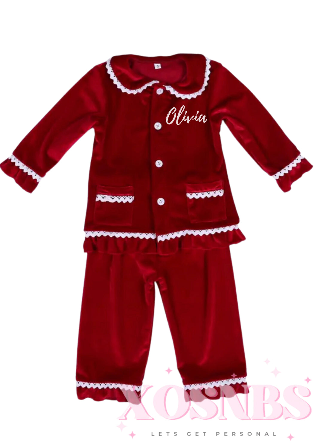 Personalised Velvet Red Ruffle Pjs