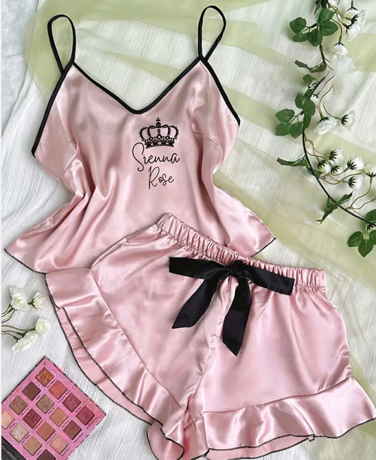 Ruffle Satin Pjs | Pink Black Trim