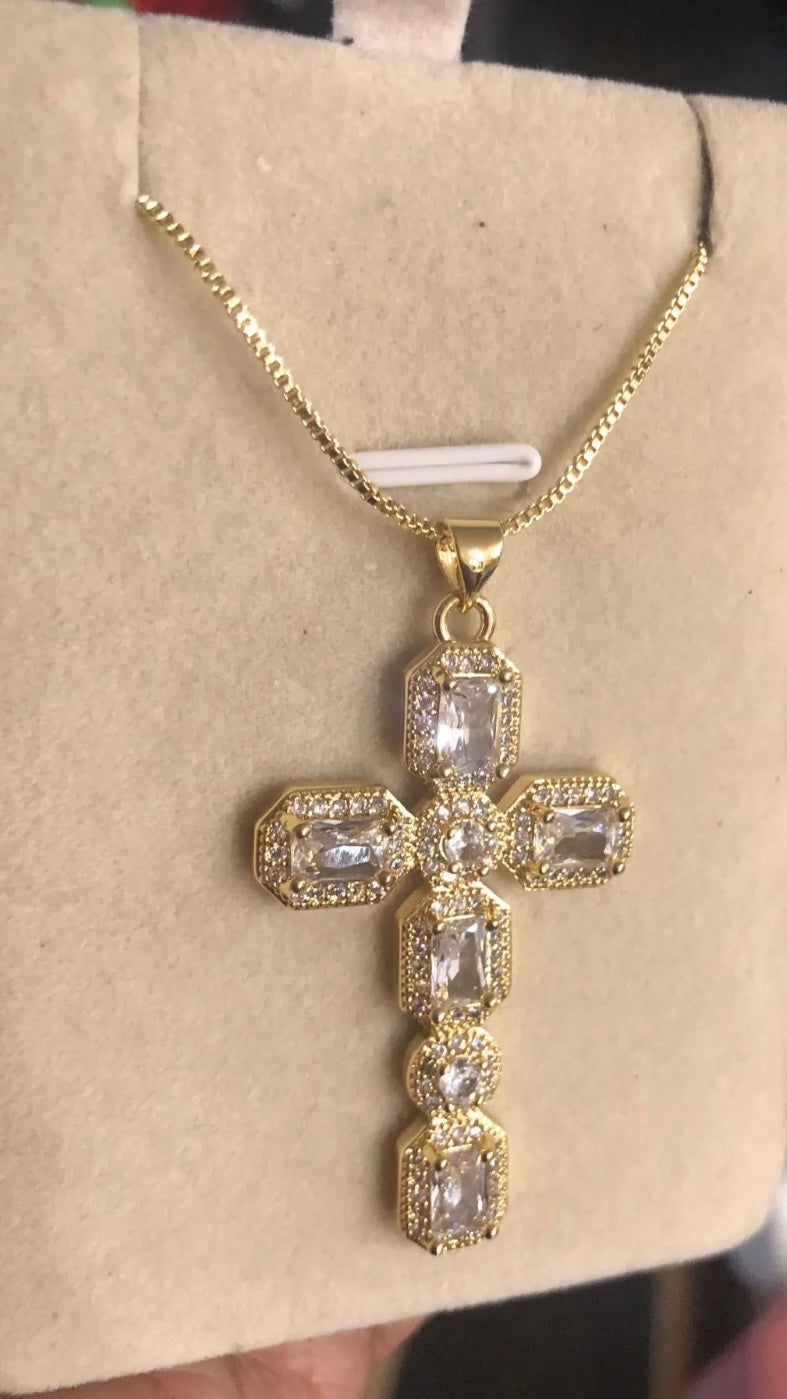 Gold rhinestone cross necklace