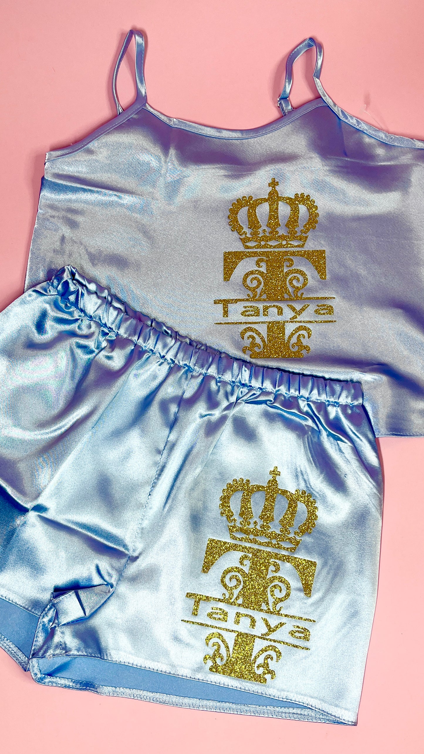 Kids Personalised Satin Cami Sets | Baby Blue