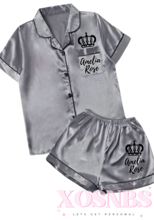 Grey Satin Shirt Short Pjs