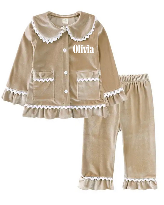 Embroidered Velvet Ruffle Pjs