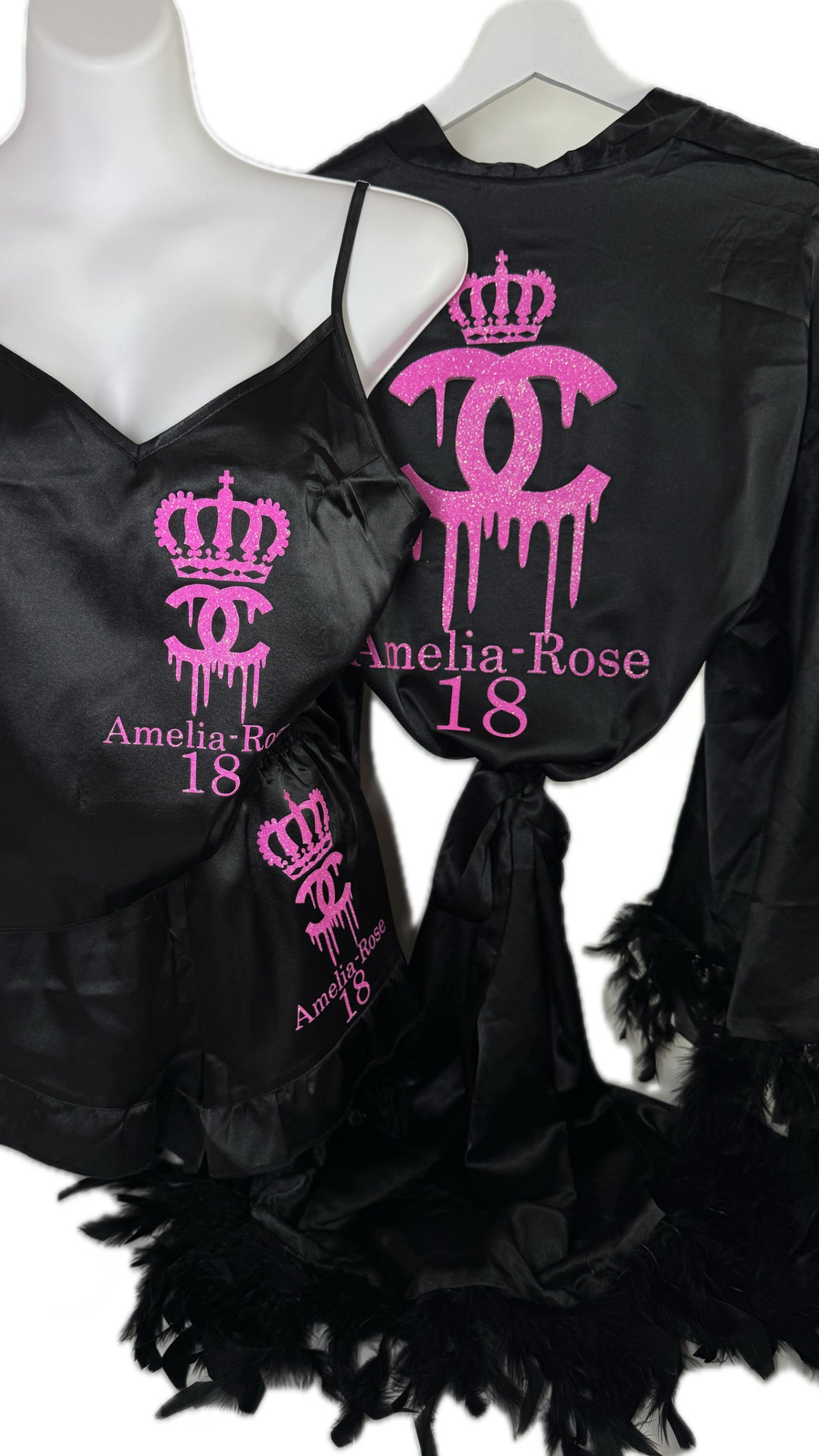 Feather Robe & Ruffle Cami Set Black