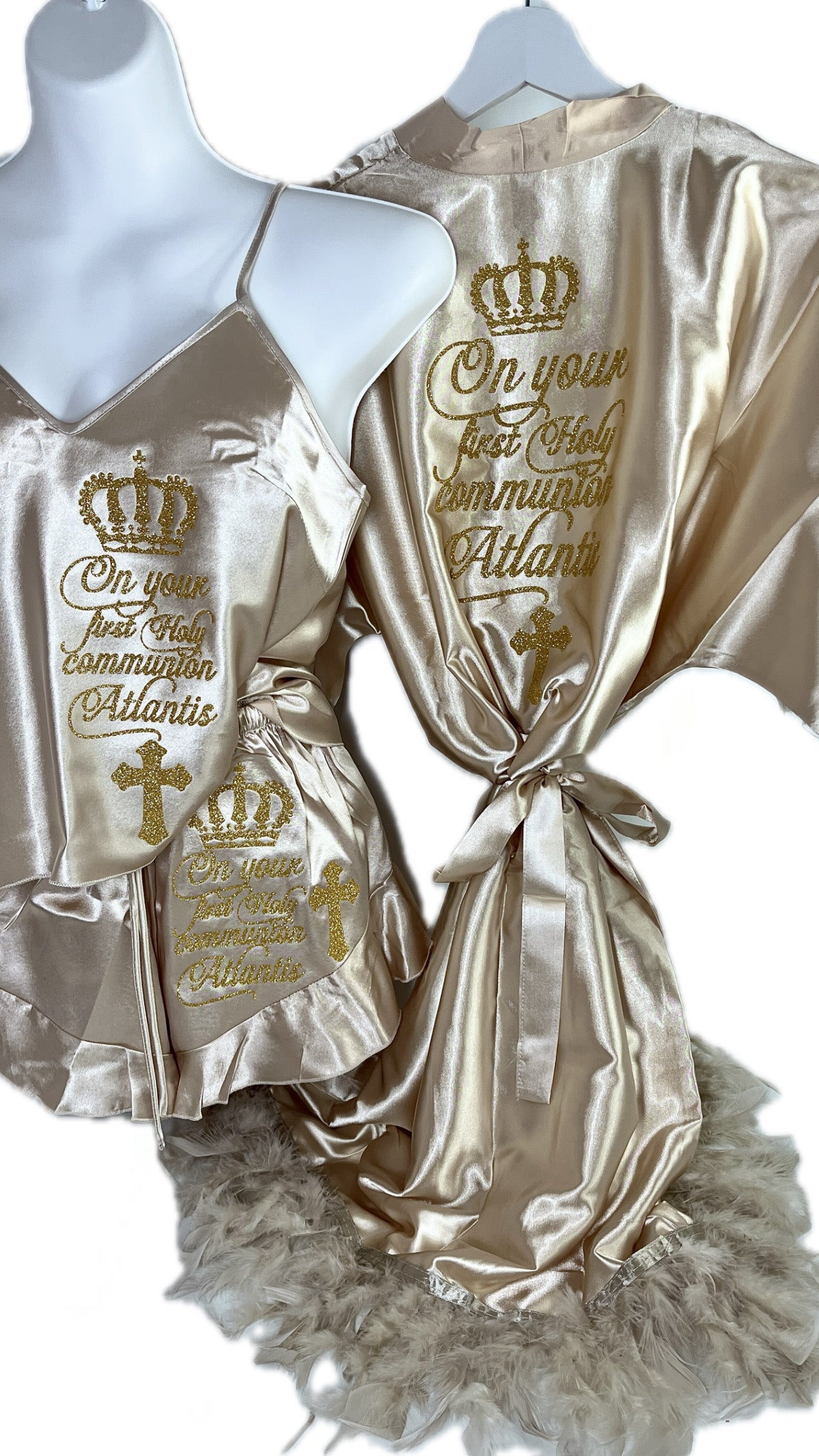 Feather Robe & Ruffle Cami Set Champagne