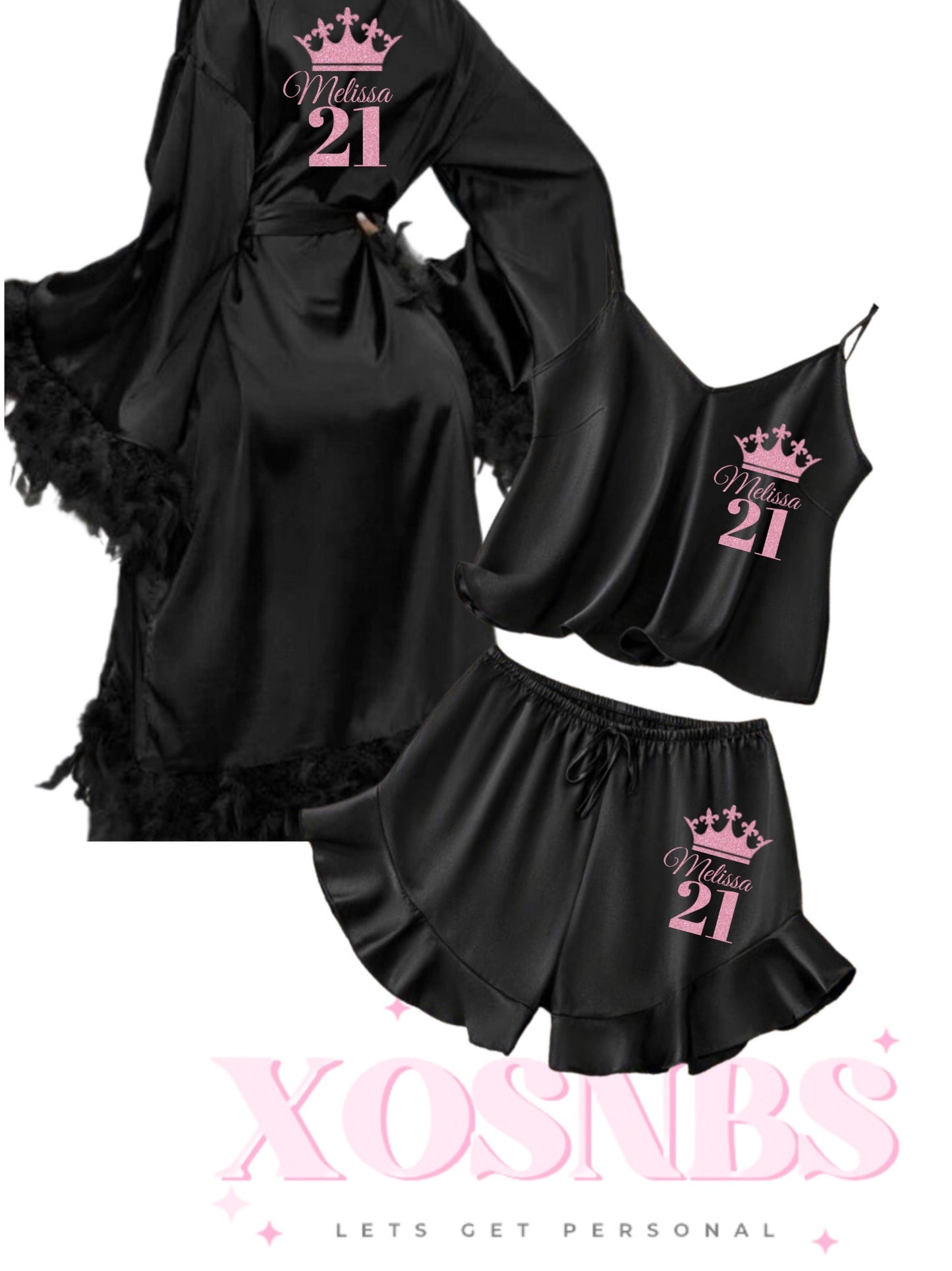 Feather Robe & Ruffle Cami Set Black