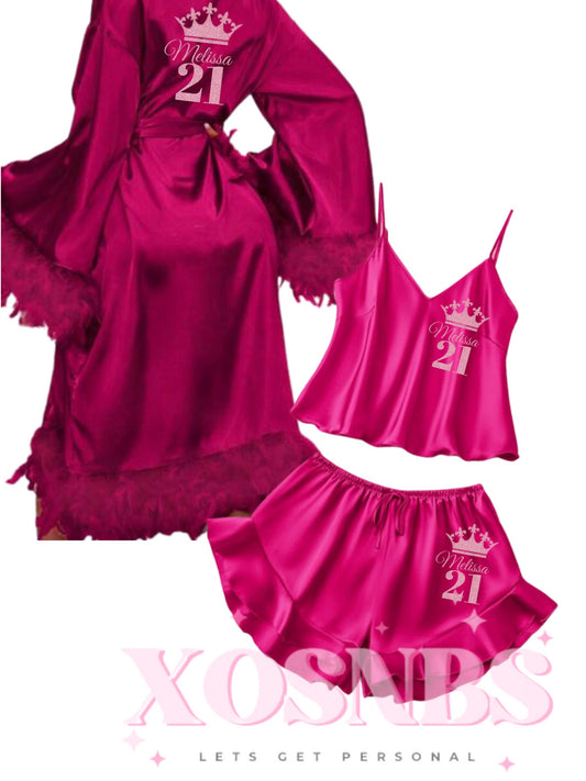 Feather Robe & Ruffle Cami Set Hot Pink