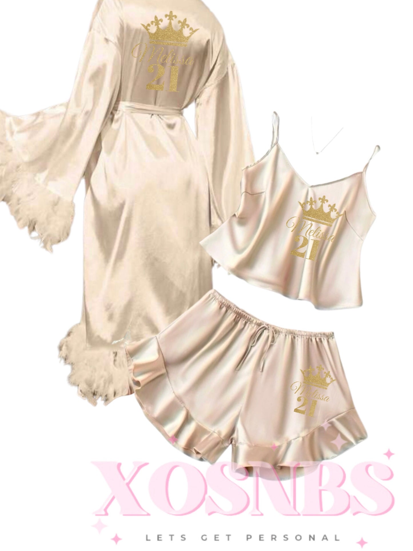 Feather Robe & Ruffle Cami Set Champagne