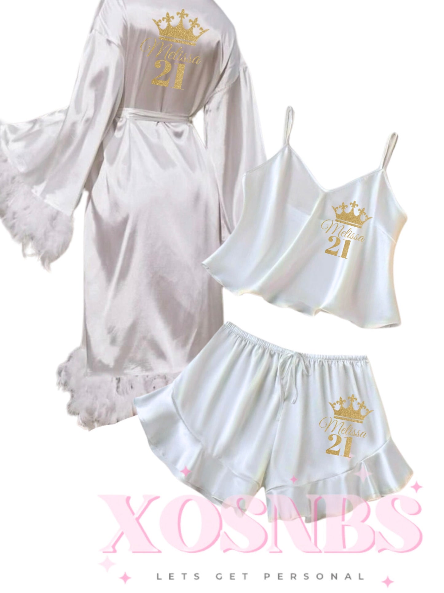 Feather Robe & Ruffle Cami Set White