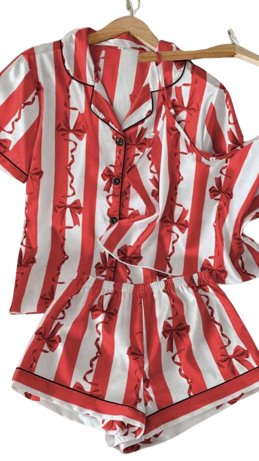 3 Piece Stripe Bow Pj Set