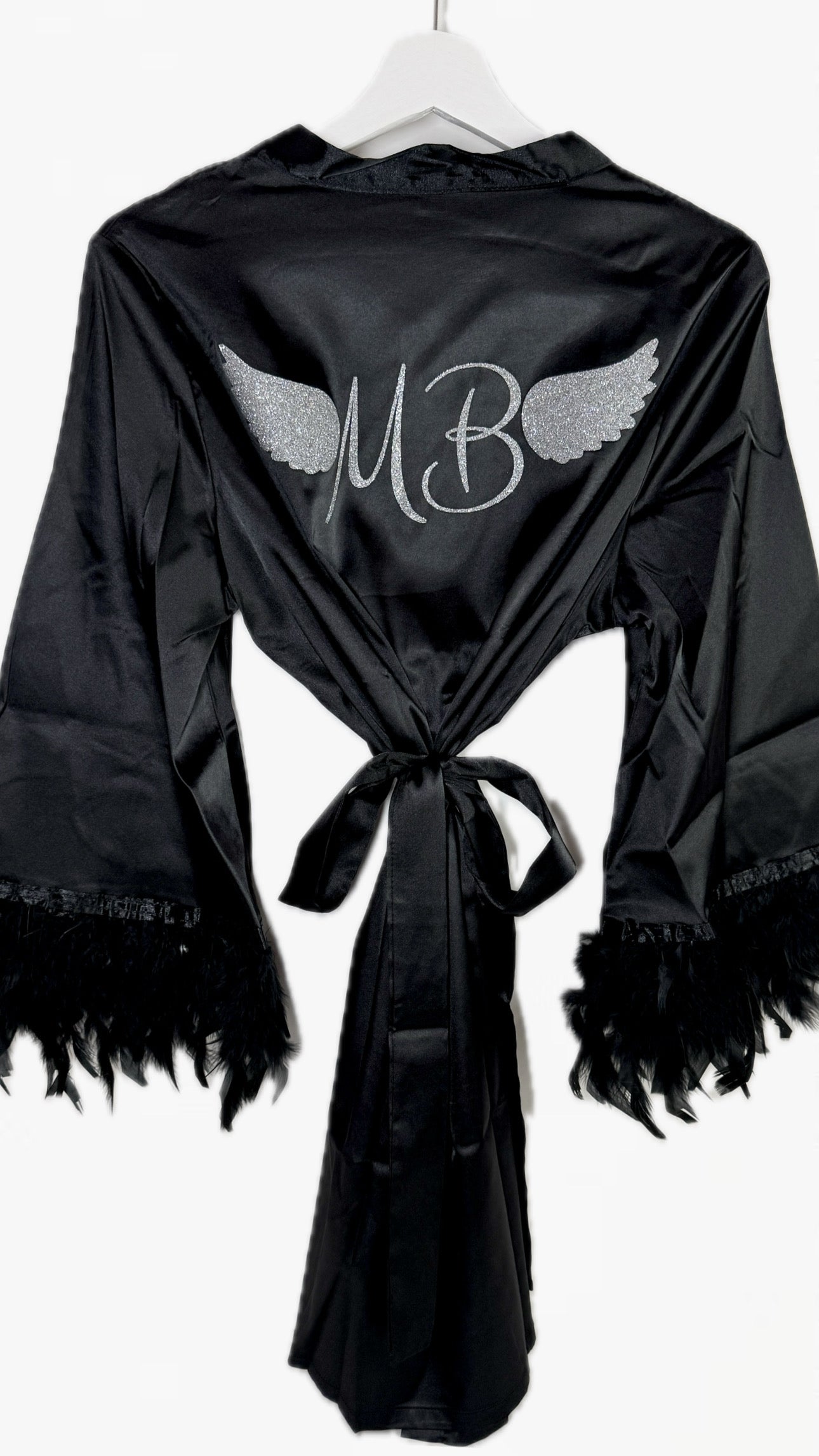 Feather Cuff Satin Robe | Black