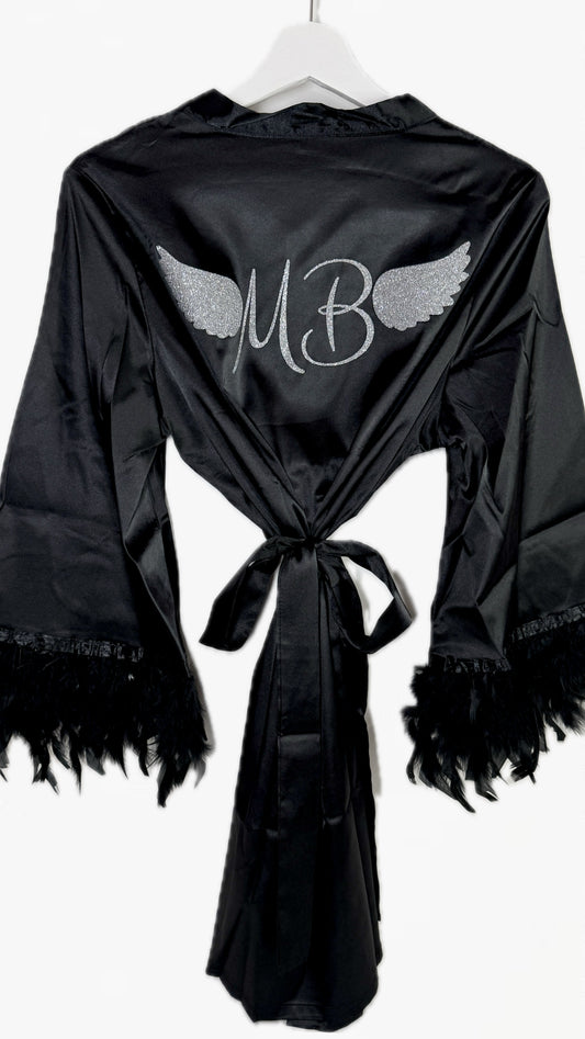 Feather Cuff Satin Robe | Black