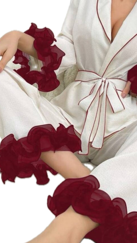 Personalised New Design Red Trim Ruffle Pjs