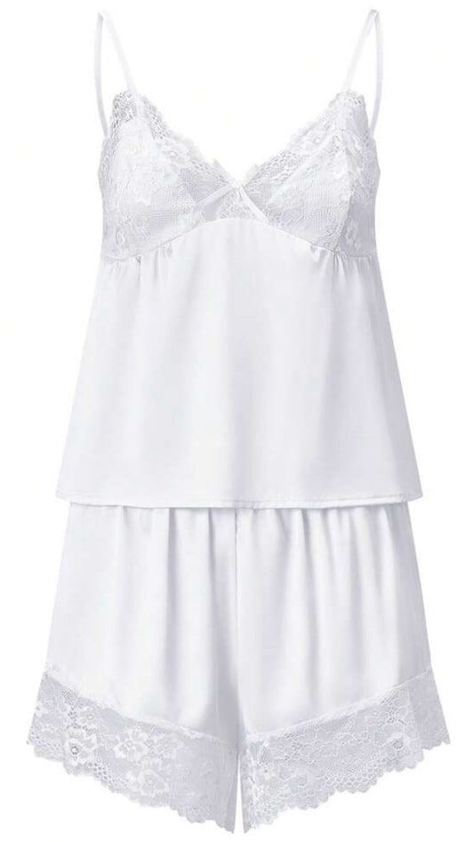 Lace Satin Cami Set / White