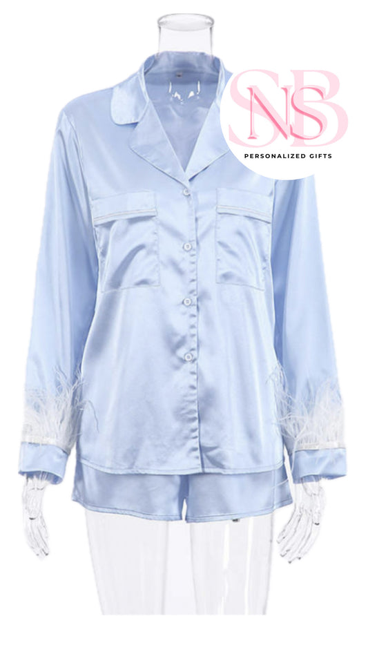 Satin Feather Cuff Pjs - Baby Blue