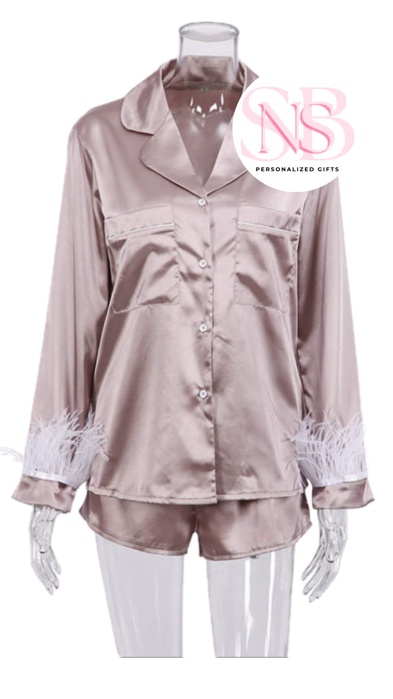 Satin Feather Cuff Pjs - Dusty Rose