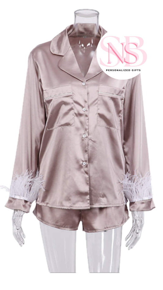 Satin Feather Cuff Pjs - Dusty Rose