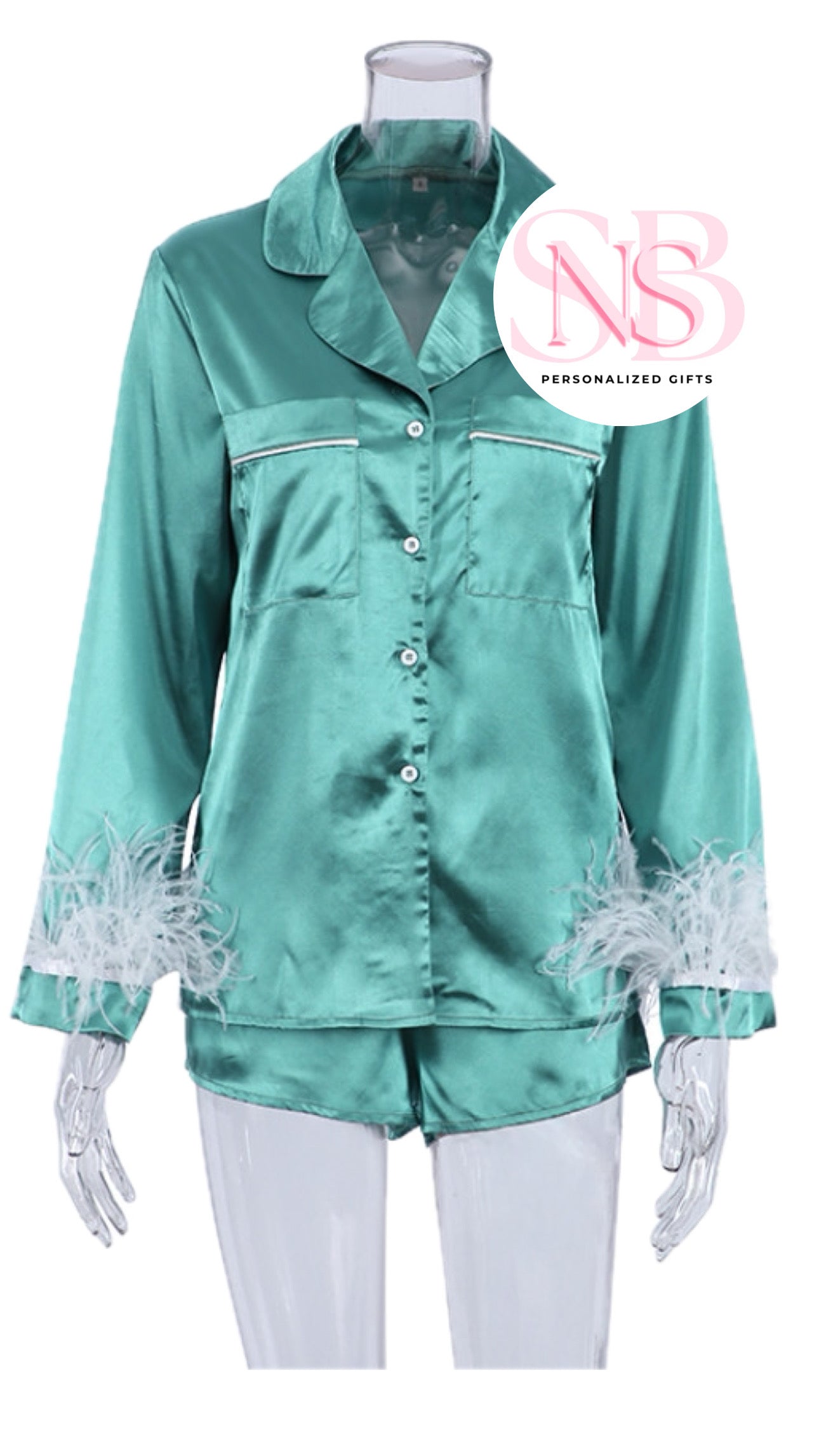 Satin Feather Cuff Pjs - Teal