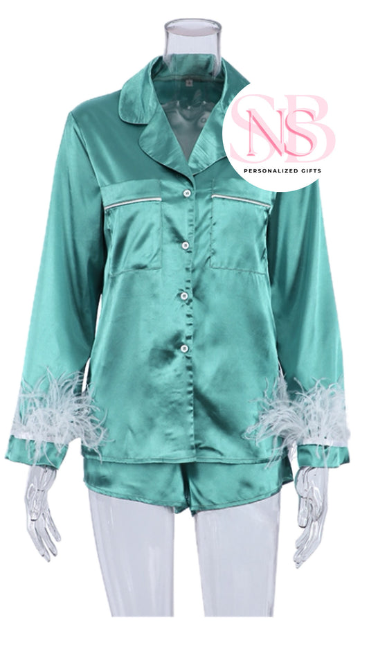 Satin Feather Cuff Pjs - Teal